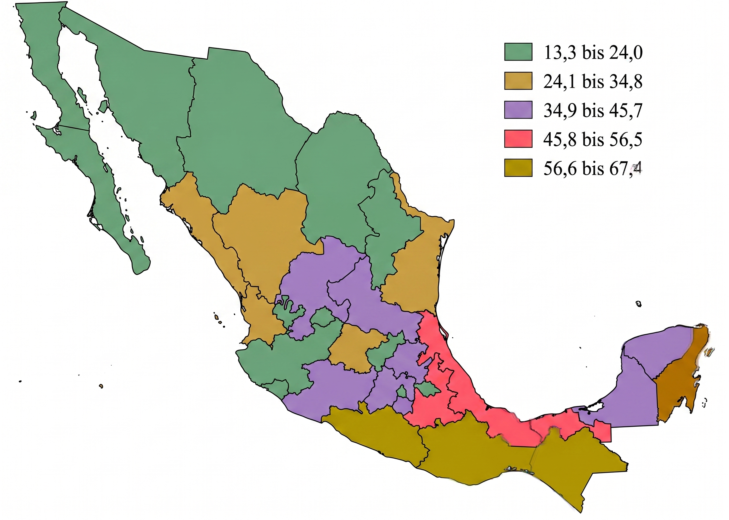 Thematische Karte von Mexiko mit farbigen Regionen und Legende (Grün, Gelb, Lila, Rot)